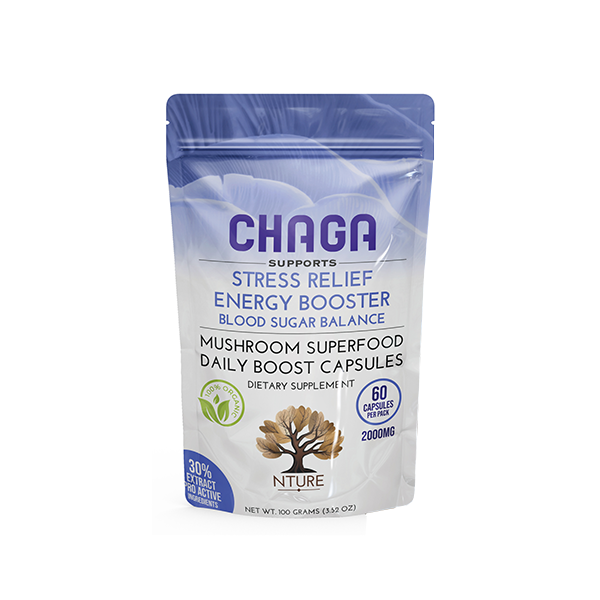 Vegan, 2000mg  Chaga Mushroom Capsules - 60 Caps,  STRESS RELIEF, BLOOD SUGAR BALANCE